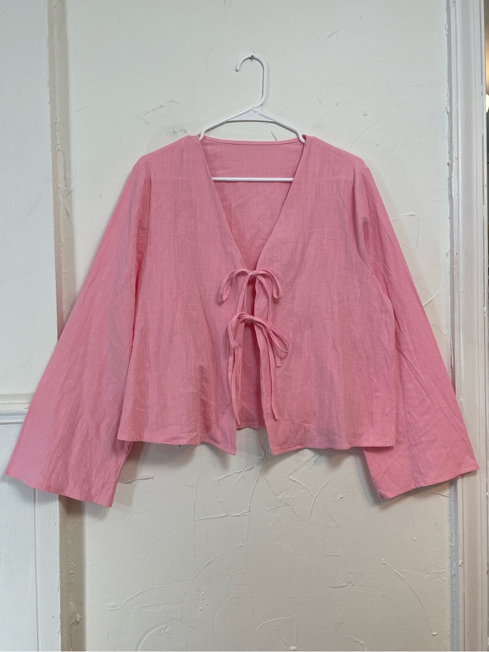 Pink Tie-Front Women’s Blouse w/ Long Bell Sleeves size large | Coquette Girly